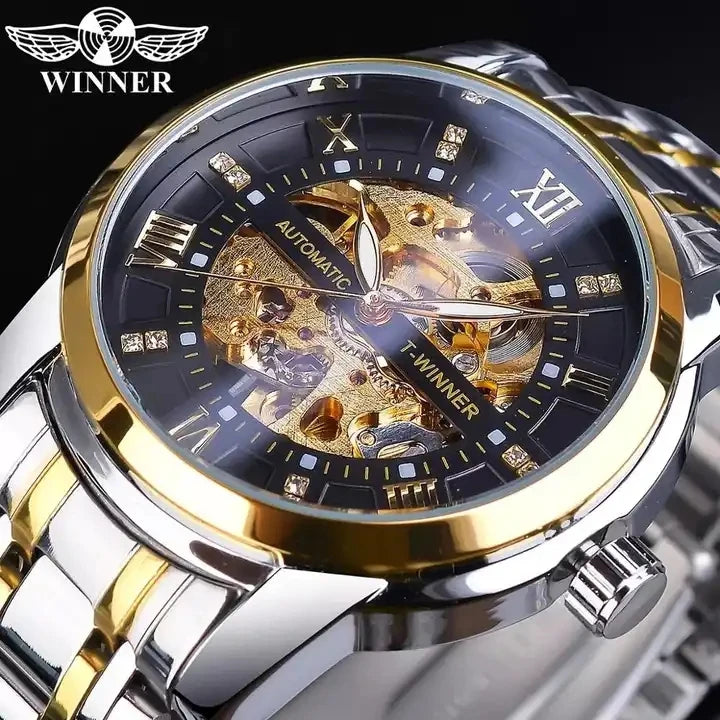 Winner New 2023  Skeleton Dial Automatic Watch Golden Black Stainless Steel Mechanical Watch Luminous Waterproof Wristwatch