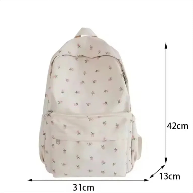 Korean Brand Floral White School Backpack for Teenage Girls Cute Women's Book Bag Made of Nylon Rucksack for Students