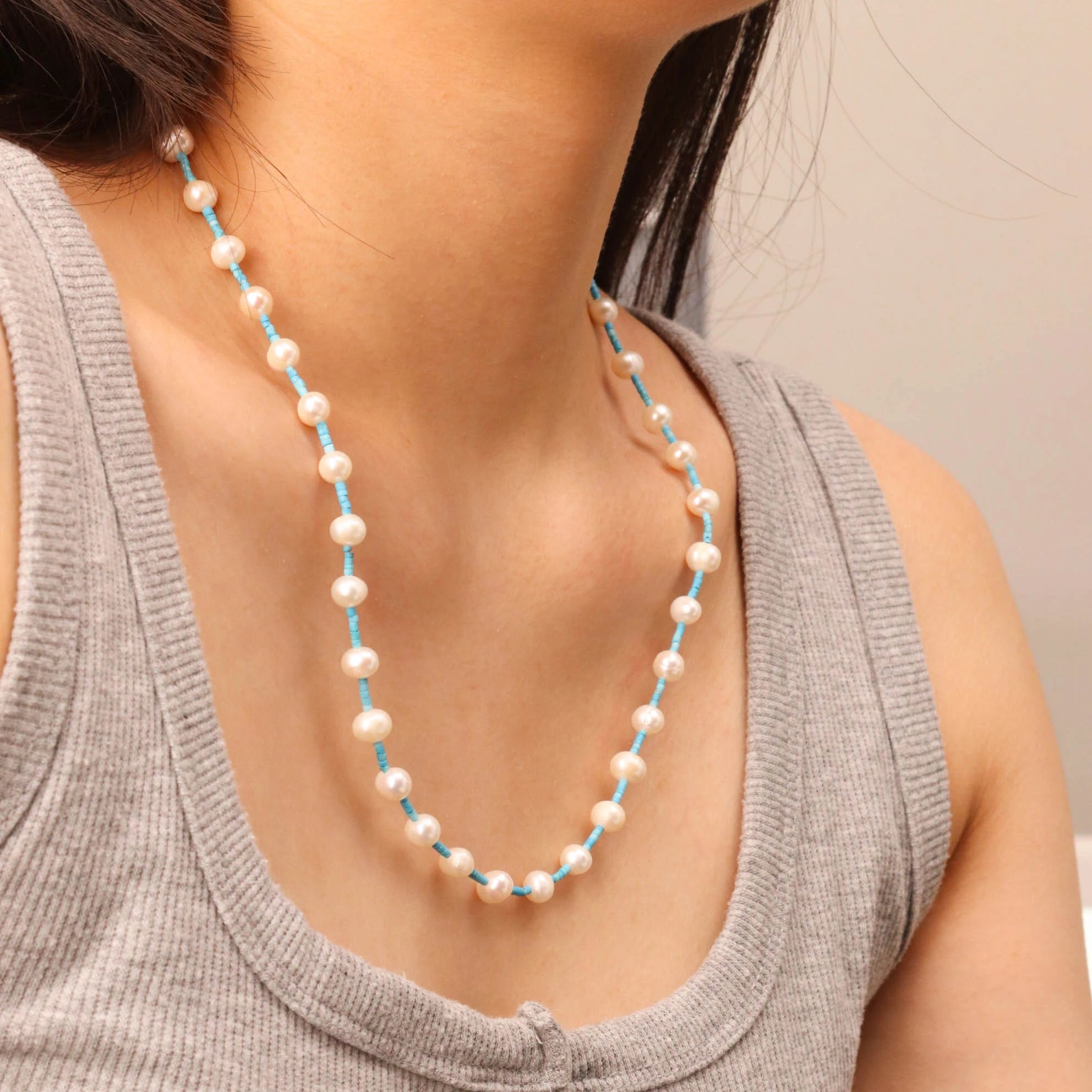 Chris April Anti-tarnish 316L Stainless Steel 18k PVD Gold Plated Natural Pearls Blue Turquoise Beads Rudder Clasp Necklace