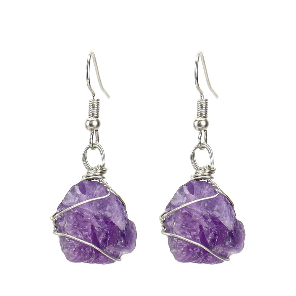 Wholesale Natural Crystal Stone Wire Wrapped Eardrop  Amethyst  Earrings for Women Jewelry