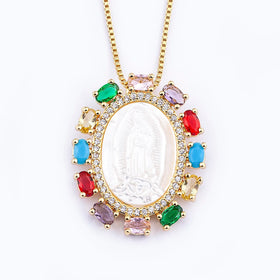 QIKU Catholicism Our Lady of Guadalupe Shell Pendant Women Necklace Copper Colorful Zircon Jewelry Gift Wholesale Dropshipping