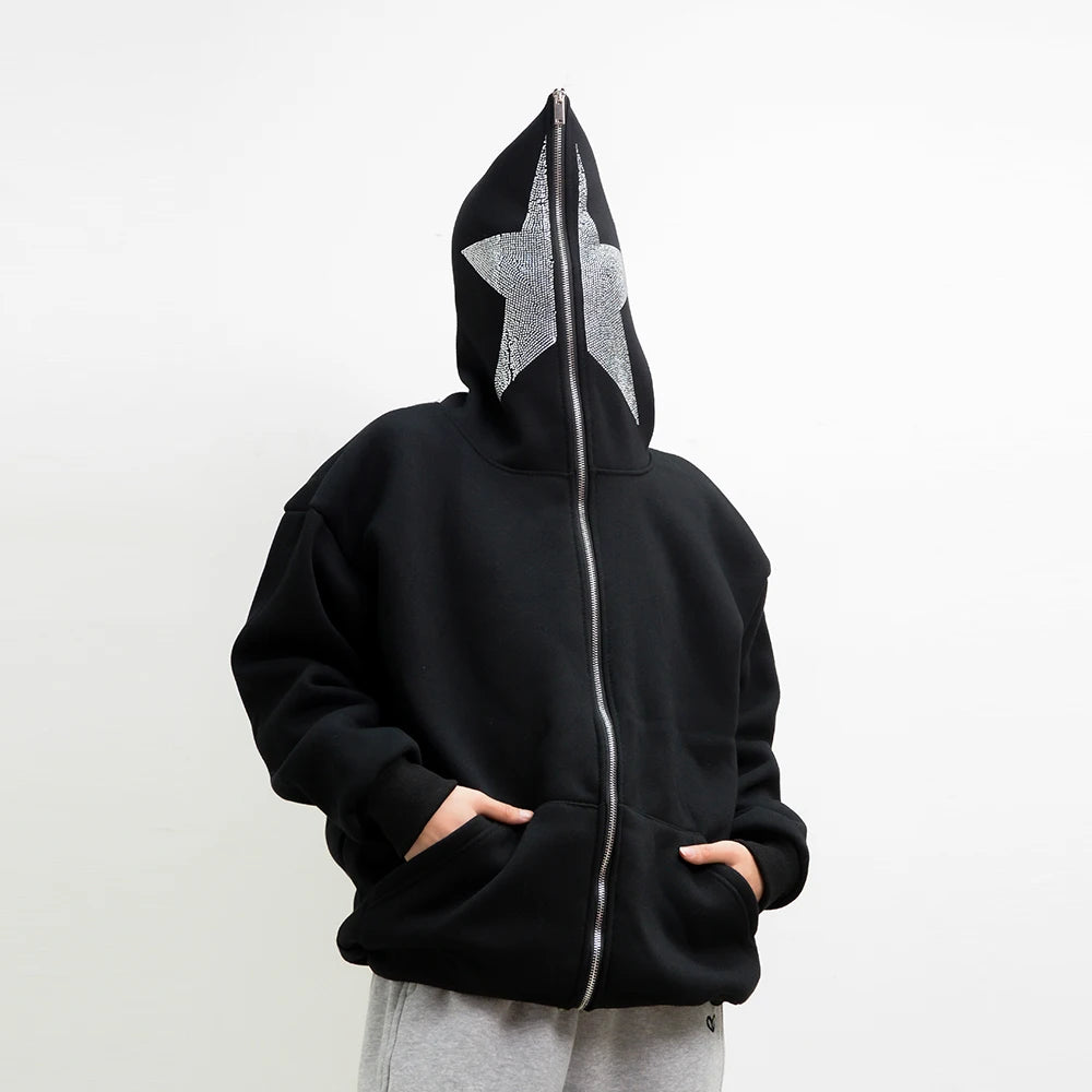 Men's Unisex Pullover Oversized Zipper Heavy Weight Y2K Black Custom Printed Eco-Friendly Full Zip Blank Full Face Rhinestone