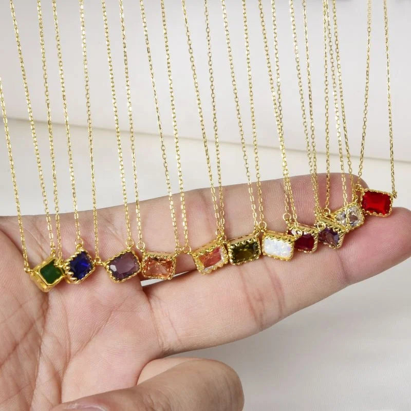 12 Months Colorful Zircon Choker Necklace 925 Sterling Silver 18K Gold Plated Square Pendant Birthstone Necklace