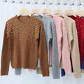 Rib Knitted Decorate Beaded Sweater Long Sleeves Solid Pullover Custom Embroidered logo Women's Manufacturer Factory