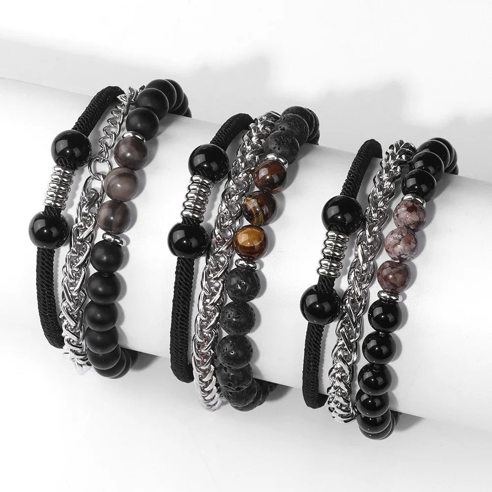 New Sale Natural Gemstone Matte Black Glass Beads Bracelet Vintage Leather Rope Bracelet Stainless Steel Chain Bracelet 3pcs Set