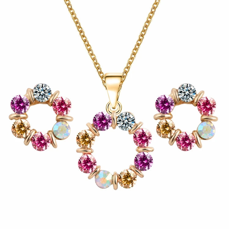 HZS-161 Women Jewelry Kit Crystal Rhinestone Diamond Circle Pendant Necklace Stud Earring Jewelry Set