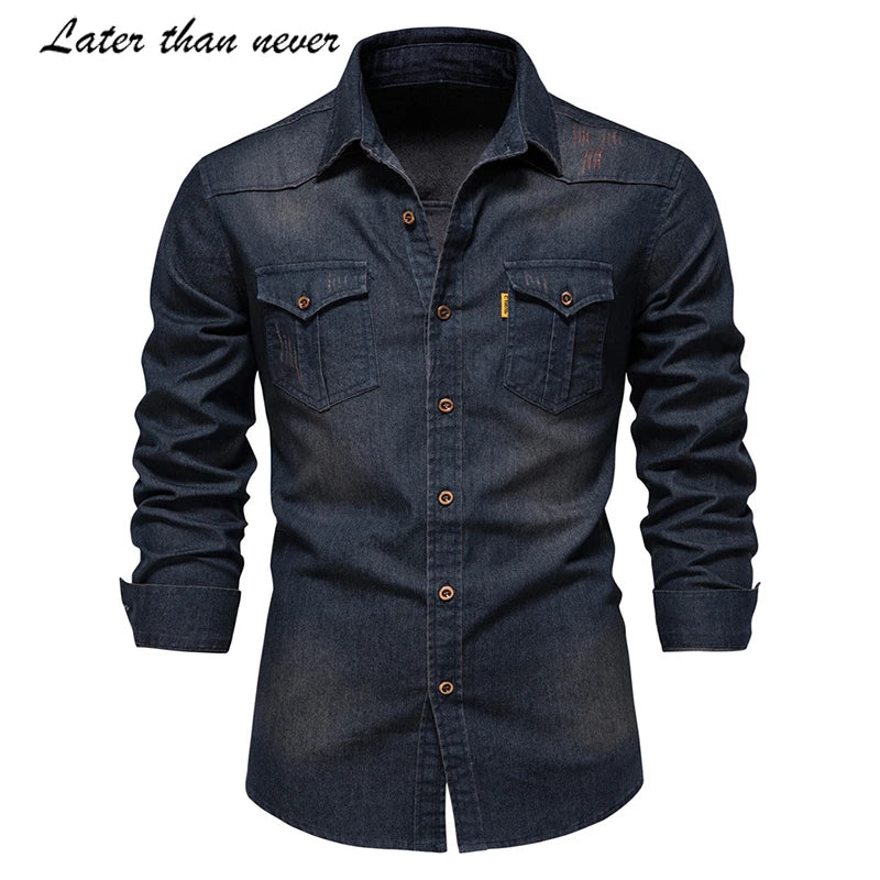 Euro Size Cotton Spandex Washed Men's Jean Shirt Jacket Cowboy Long Sleeve Denim Shirt With Pockets