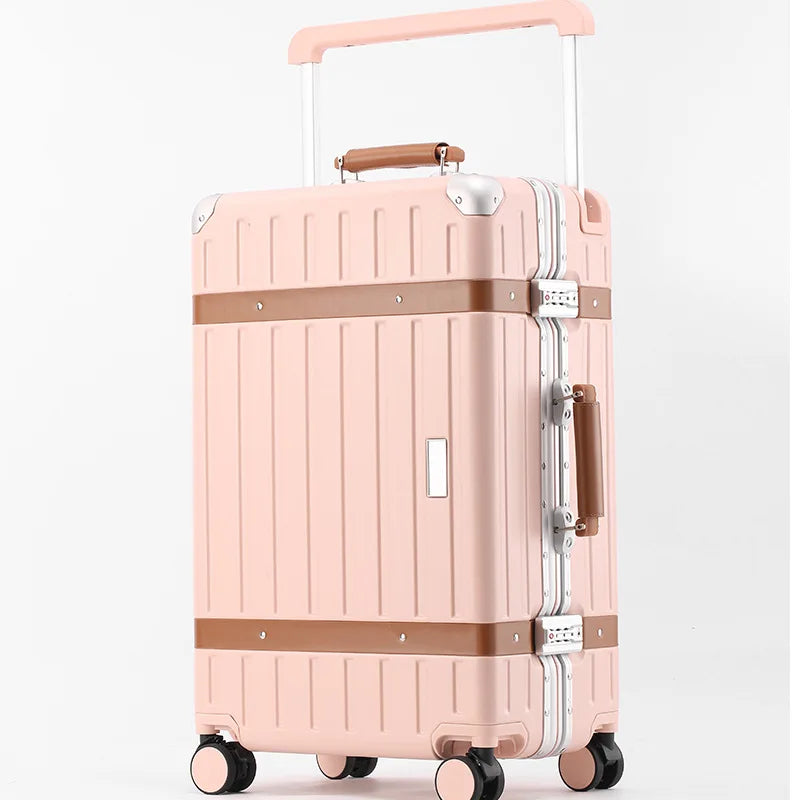 Custom Logo Fashionable Wide Trolley Suitcase With Pu Decorate Aluminium Frame Luggage Brake Wheel Travel Bag Suitcase Luggage
