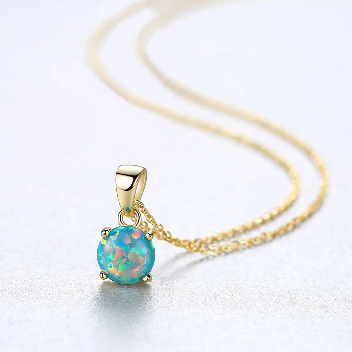 Classic 925 Sterling Silver Fire Opal Pendant Necklace for Women Blue Small Round Opal Ball with Gold Chains