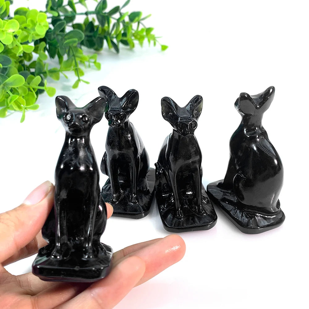 Wholesale Natural Crystal Animal Sculpture Crafts Obsidian Sphinx Cat Carving in Quartz Semi-Precious Stone Home Decoration