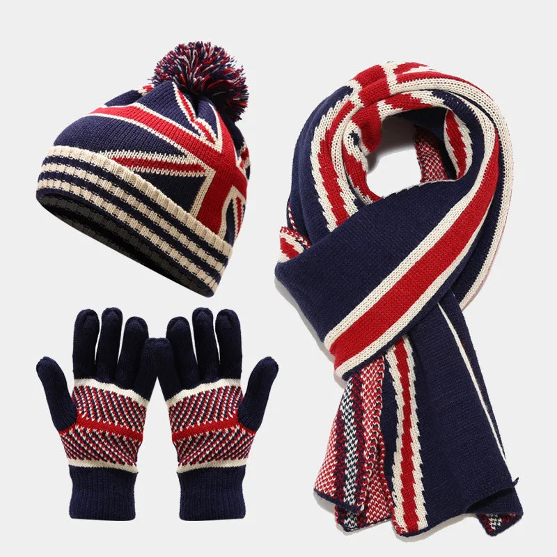 Sewingman B0475L American UK Flag Jacquard Knit Winter Hats Scarf Gloves Set for Women