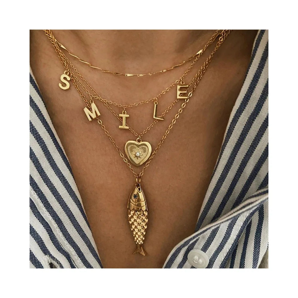 ERESI Waterproof 18k Gold Plated Pendant 3161 Stainless Steel Jewelry Fashion Necklace Design Fish Necklace for Women