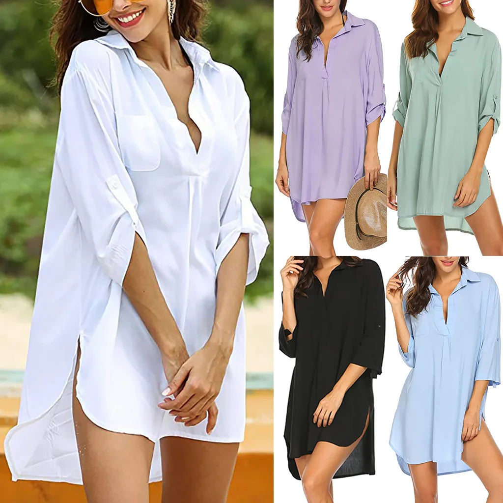 New Fashion Women Swimsuit Cover Ups Shirts Ladies Bathing Suit Cover Ups Mini Dress Bikini Beach Tunic Cover Ups Beach Dress