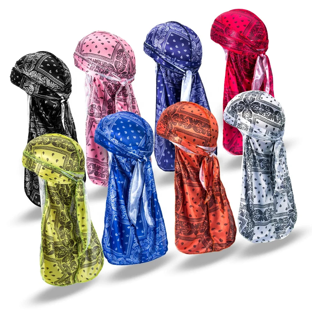 Wholesale New Hot Sell Blue Classic Bandana Durag Silky Satin Designer Paisley Printed Durags for Men