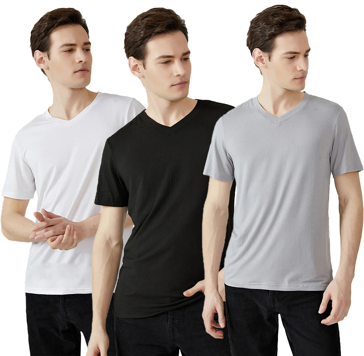 Summer Short Sleeve T-shirt Men's Black White and Grey V-neck Three-piece Suit