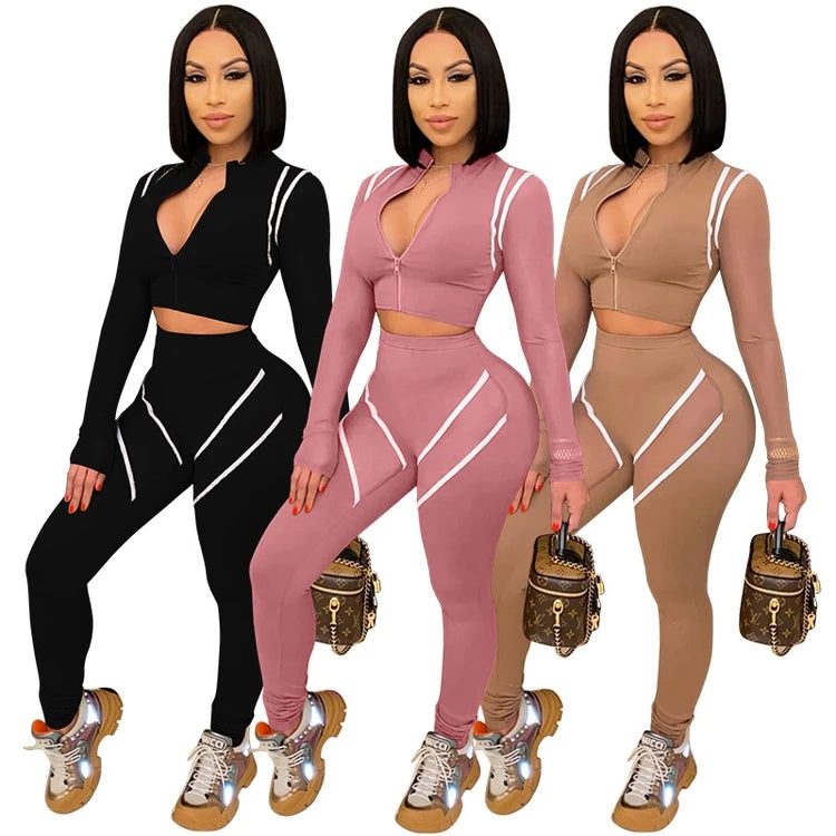 2021 Summer Fashion Women Clothing Long Sleeve Color Sweatsuit Jogging Suit Two Pieces Pants Set