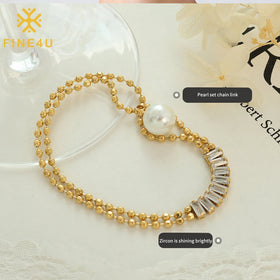 Women Fashion Non Tarnish Delicate Jewelry Cubic Zirconia Tennis Link Chain Stainless Steel Beaded Pearl Bracelets
