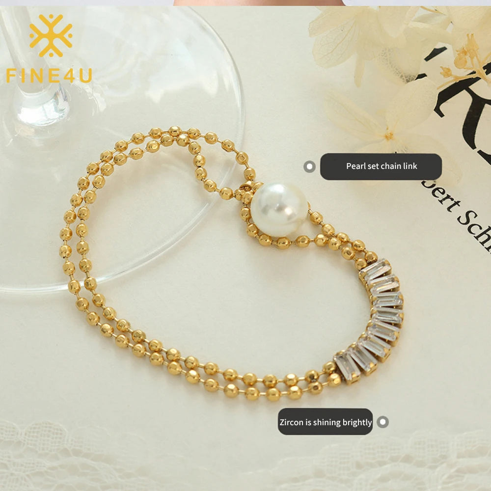 Women Fashion Non Tarnish Delicate Jewelry Cubic Zirconia Tennis Link Chain Stainless Steel Beaded Pearl Bracelets