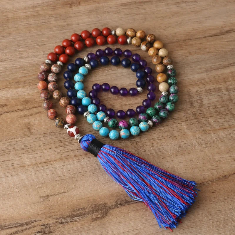 Gemstone Beaded Necklaces Yoga Meditation Handmade Tassel Pendant Knotted Chakra Amethyst Japamala Necklace