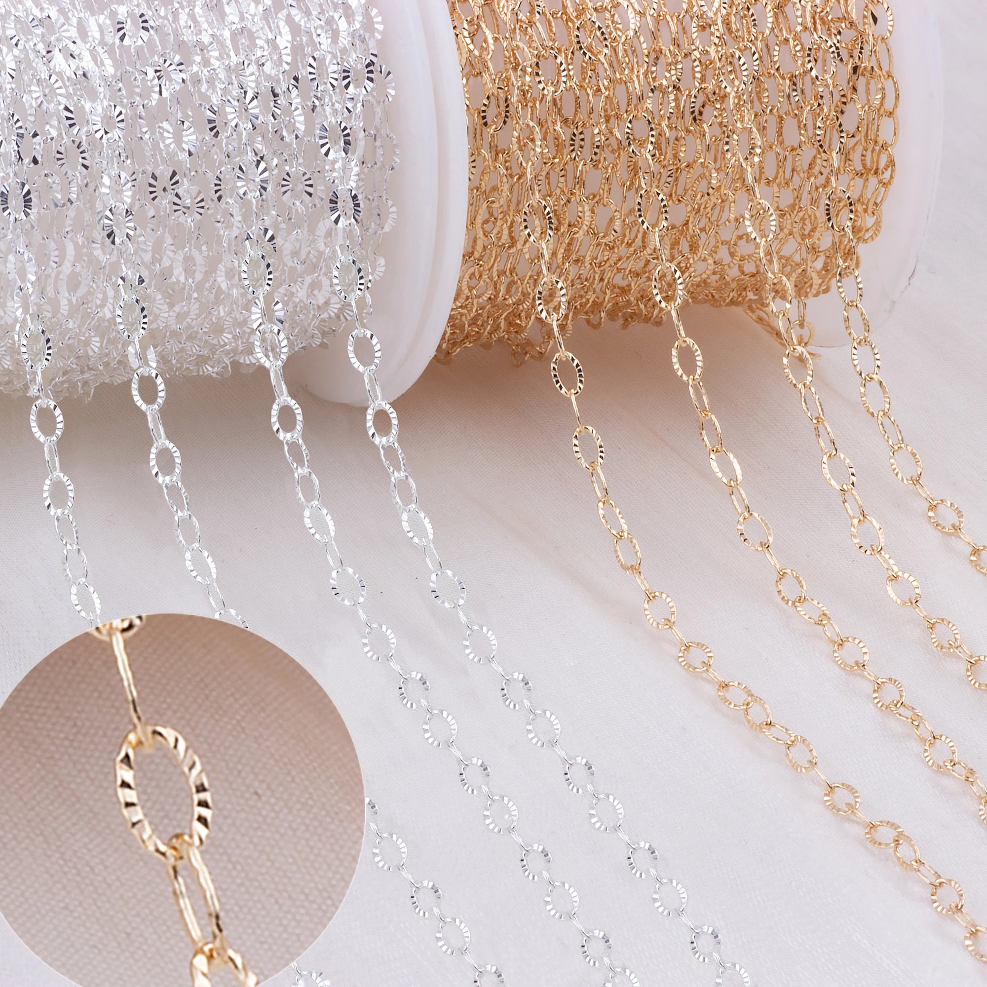 Real 14K Gold Filled Patterned Cable Chain Bulk 2.8mm Bar Chain Minimalist Engraved Link O Chain Necklace for DIY Jewelry Making