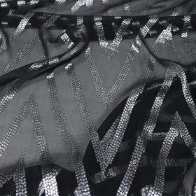 Western Country Shiny Trendy Amazing Silk Metallic Fabric Lurex Silver V Black Base Wonderful for Skirt Pants Shirt