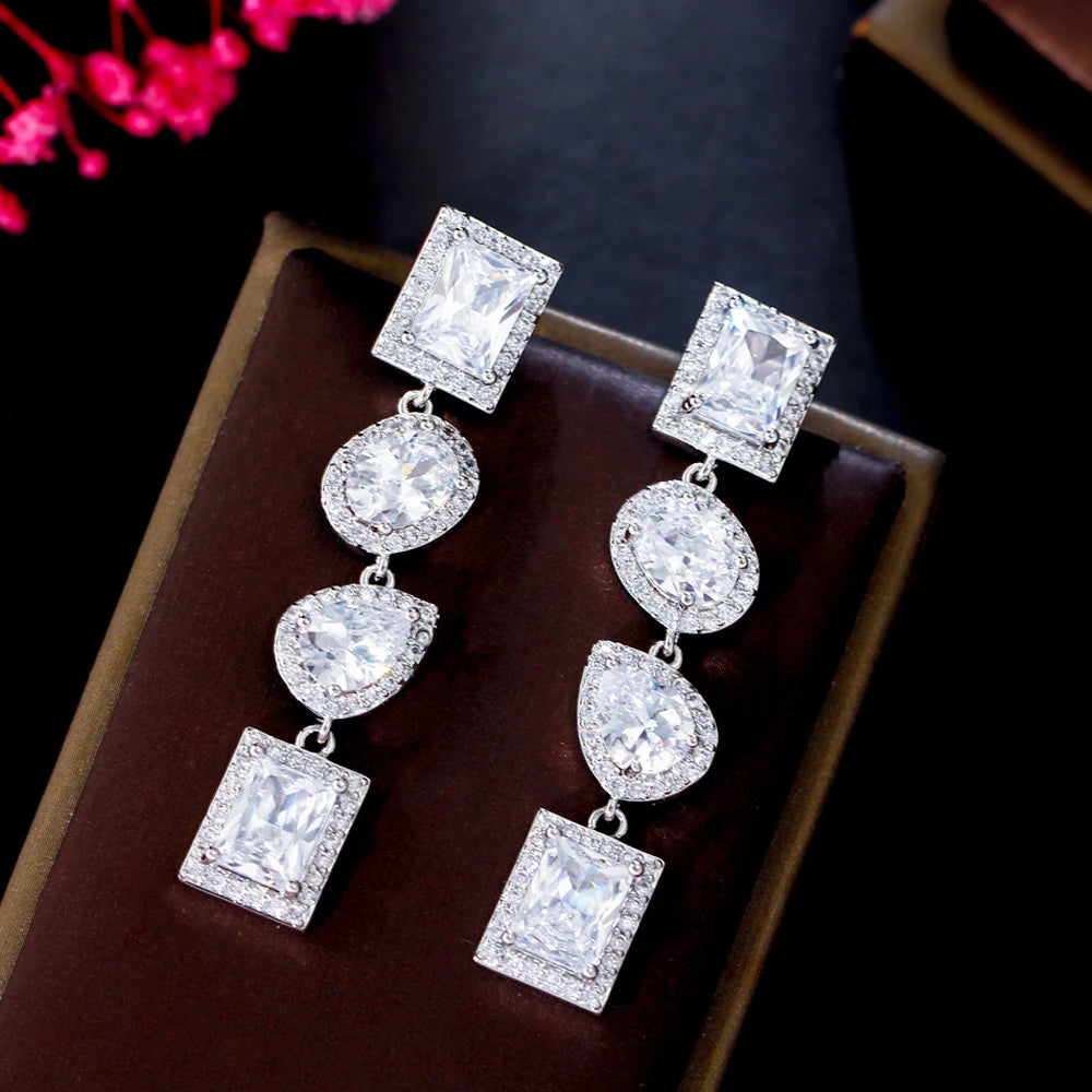 Gorgeous Top Square Cubic Zirconia Stone Pave Long Dangly Drop White Wedding Engagement Party Wear Earrings for Women Jewelry MegaBDM