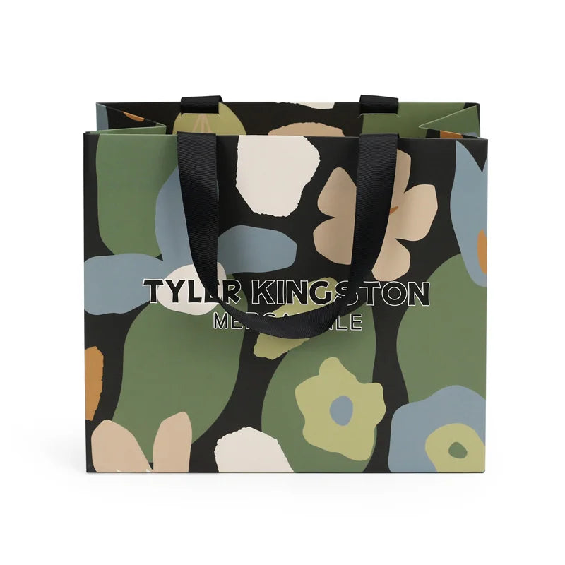 Abstract Floral Print Art Paper Tote Shopping Bag with Logo & Ribbon Handle Custom for Apparel Candle Boutique Gift Packaging