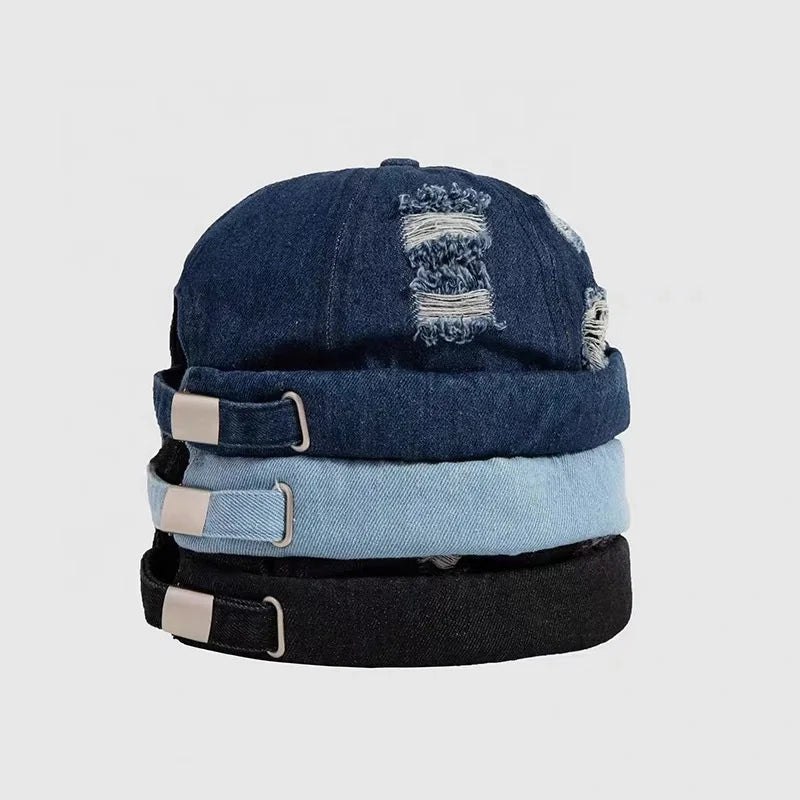MIO Custom Suppliers Brimless Caps Baseball Cap Denim Hole Hip Hop Hat Retro Brimless Docker Caps Hat Rolled Cuff Harbour Hat