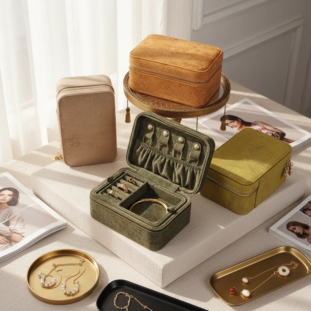 High-End Double-Layer Dark Green Velvet Jewelry Case Luxury Travel Jewelry Box for Earrings Ring with Zipper Closure