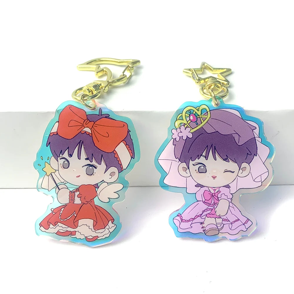 Creative Design Double Sided Keychain Laser Cut Anime Holographic Rainbow Glitter Epoxy Transparent Custom Acrylic Charm
