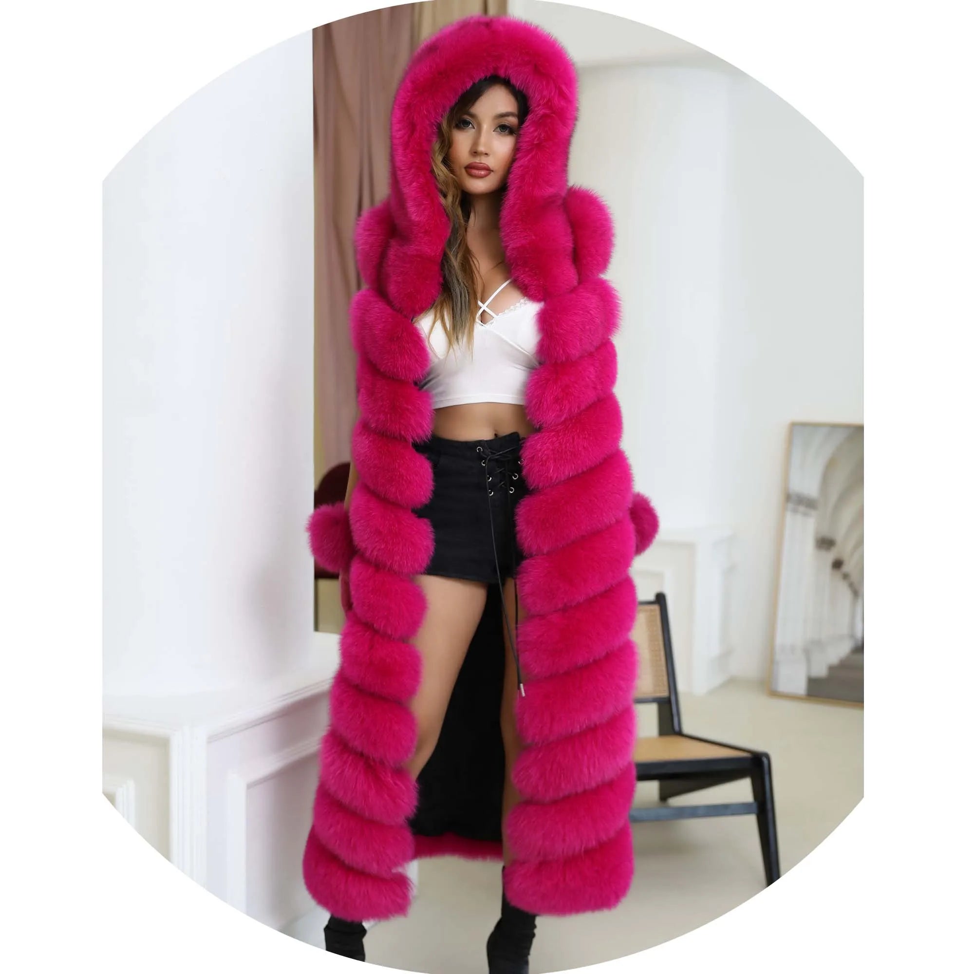 Luxury Rows Extra Long Hooded Real Fox Fur Vest Women