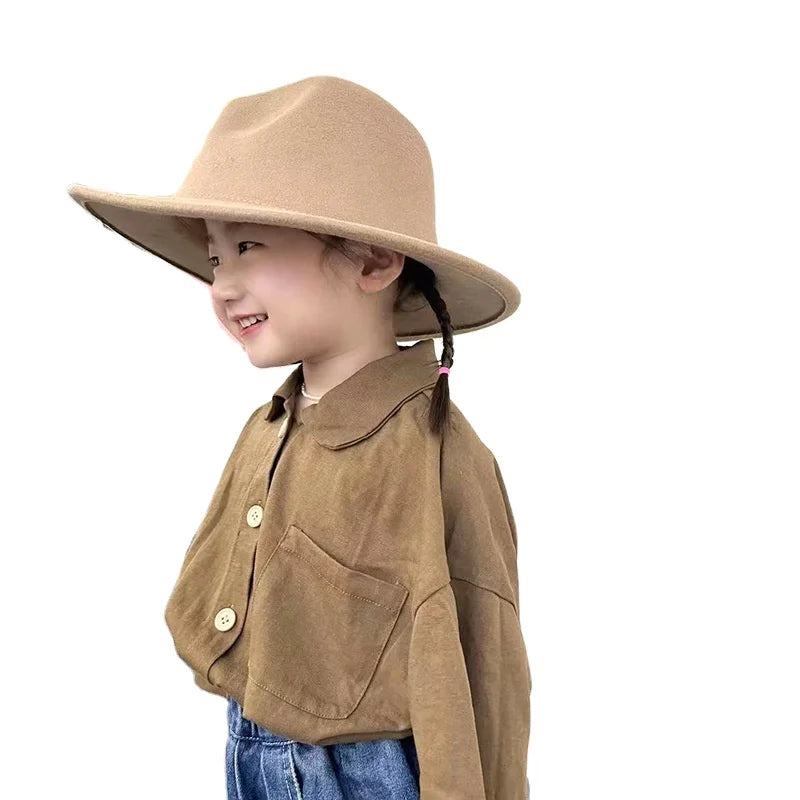 Fashion 54CM Fedora Hats Children Size Chapeau Party Jazz Cap Felt Flat Wide Brim Kids Panama Top Hat