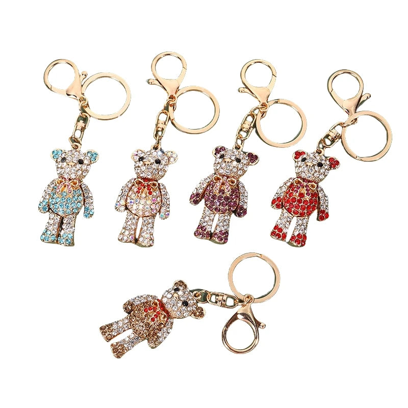 Cute Bear Doll Key Chain Car Bag Pendant Creative Fashion Bear Pom Pom Keyring Gift Bling Rhinestone Crystal Teddy Bear Keychain