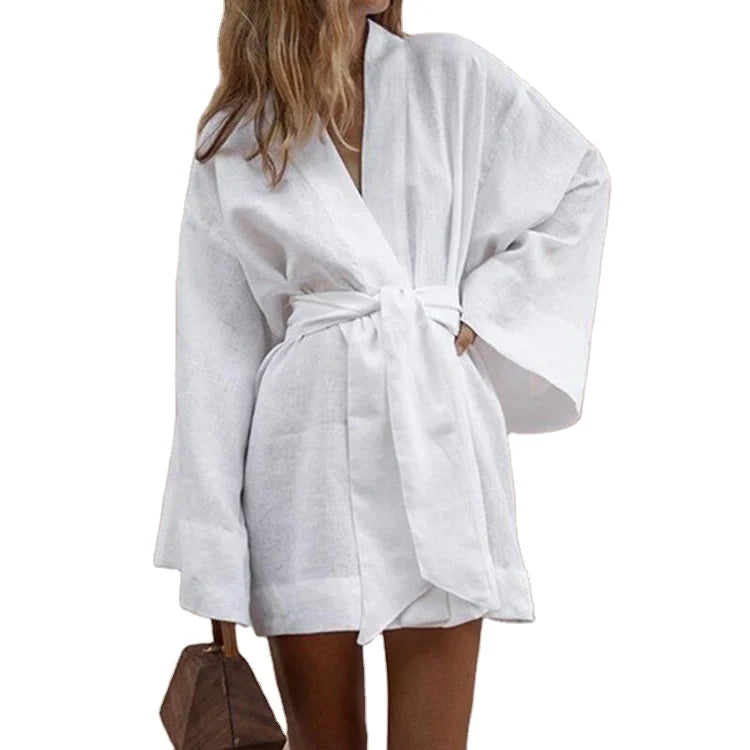 2026 Lace up Women's V-Neck Kimono Cardigan Mini Dress Cotton Linen Long Sleeve Sashes Dress Robe Style Summer Loose Vestidos