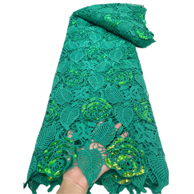 New Eco-Friendly Flower Sequins Guipure Lace Fabric Embroidered Mesh Cord Lace Dress Styles Minimum Order 5 Yards