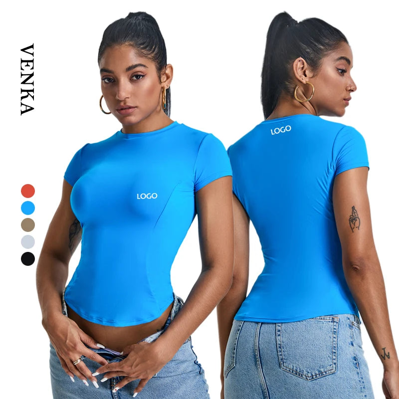 Women's Custom Logo Short Sleeve Yoga T-Shirt Breathable Lightweight Slim Fit Workout Fitness Clothing Seamless Neck Track Suits