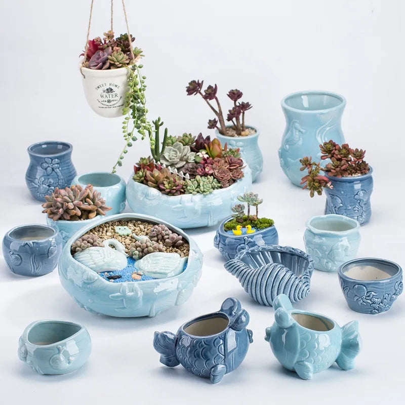 Marine Ceramic Succulent Flower Pot Ocean Cartoon Plant Pot Blue Sea Animal Porcelain Potted Basin Whales Starfish Shell Fish