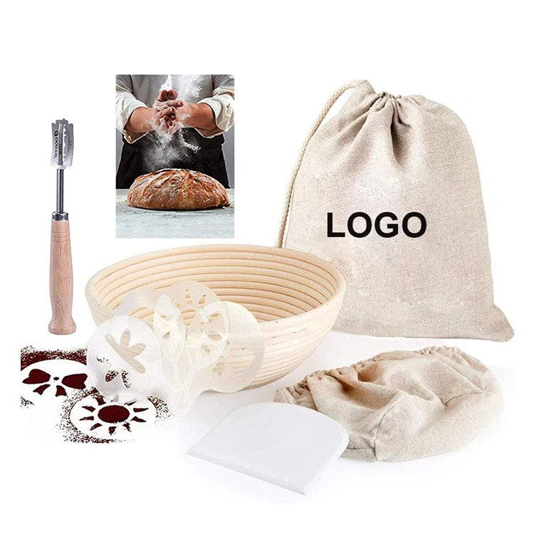 Luxurious 100% Eco-friendly Natural Rattan 9 Inch Wooden Handle Bread Lame Bread Banneton Proofing Basket Set with Cotton Bag