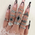 Europe And The United States Sun Moon Star Snake Rhinestone Eyes Leaves Lotus Black Drip Oil Joint Ring 14 Pieces Set