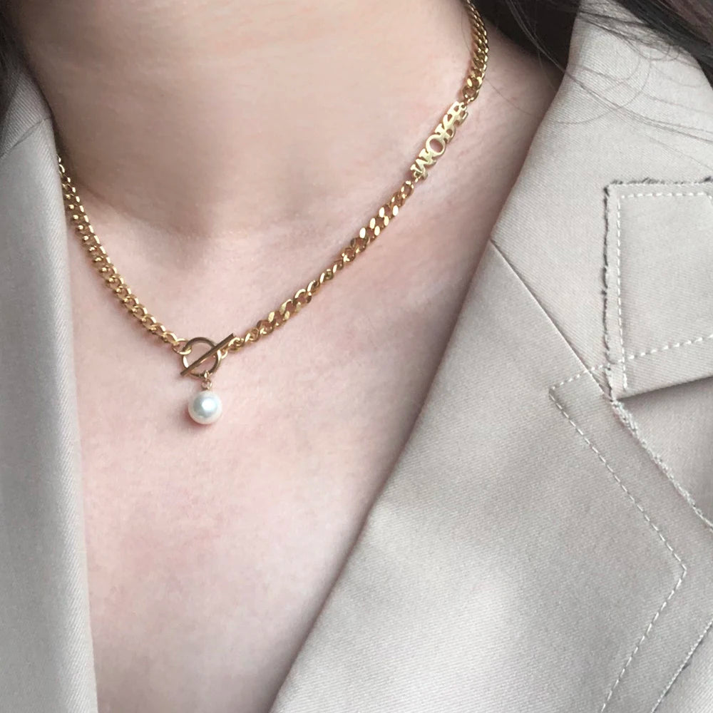Fashion OT Clasp Alphabet Letter More Shell Pearl Cuban Link Chain Necklace