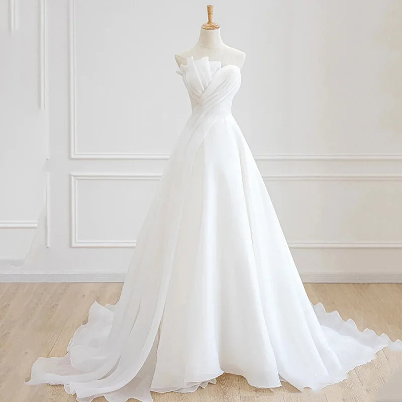 Wholesale White Elegant Women's Classic Lace up Crop Top Pleat Draped Bridal Satin Long Simple Dress for Wedding Party