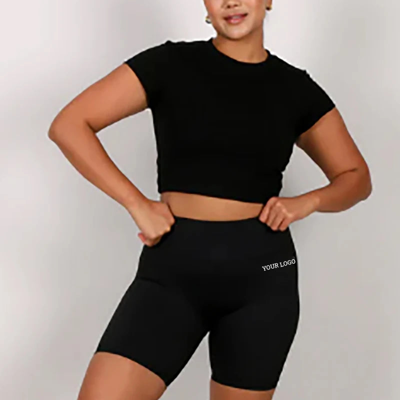 F230439 2026 OEM Factory Round Neck Crop Top Shirts Women Elastic Sleeve Cuff Stripe Tight Plain Yoga Tank Top and Shorts Set