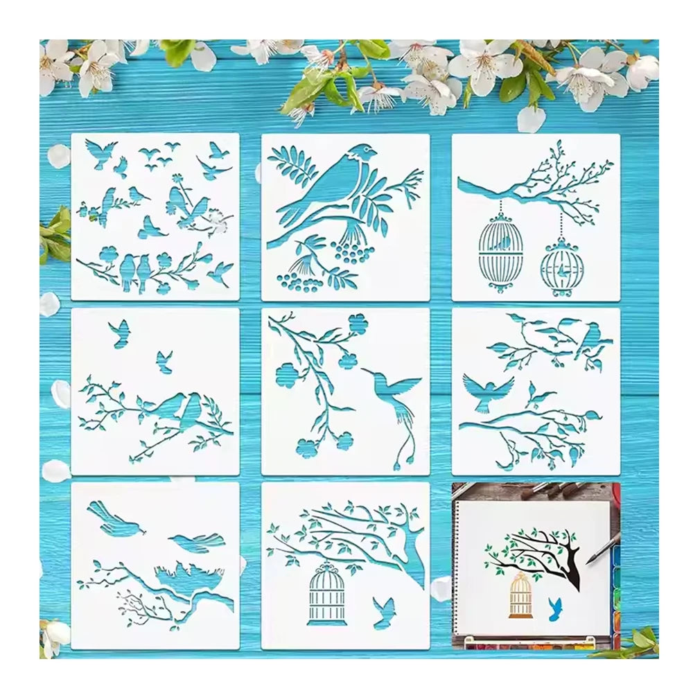 8 Pieces Bird Tree Branches Stencil Drawing Reusable Stencil for Paint Craft Wall DIY Home Decor Wood Sign