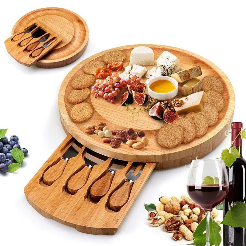 Natural Original Large Modern Bamboo Cheese Board Set with Knives Eco-Friendly Kitchen Accessory for Christmas Presents