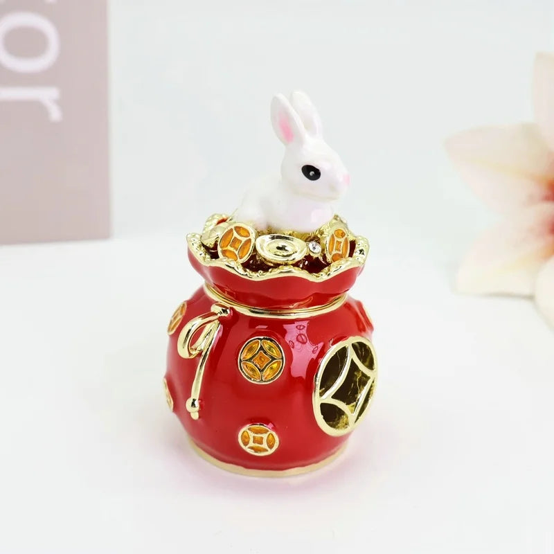 SHINNYGIFTS 2023 New Style Enamel Metal Lucky Rabbit Pewter Figurine Plated Jewelry Trinket Box Small Home Decorative Box