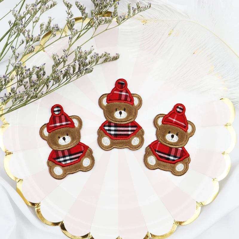 Wholesale Cheap Custom Free Sample Bear Cartoon Pattern Red Hat Patch for Clothes Chenille Patches