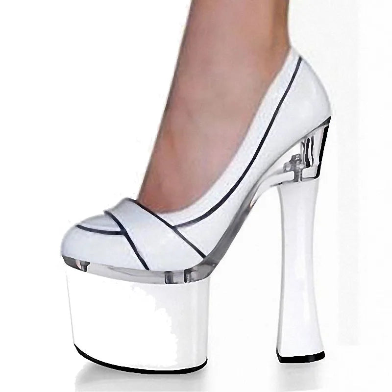 Women's Super High Heel Banquet T-stage Model Show Fashion 18 cm Thick Heel Slip-On Closure Spring Autumn Shallow Mouth Style