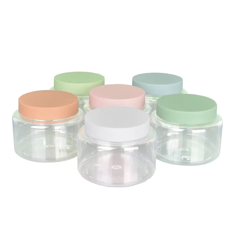 Colorful Empty 8oz PET Clear Plastic Cosmetic Skin Care Face Mask Body Scrub Jars with Pink Green Blue White Lids