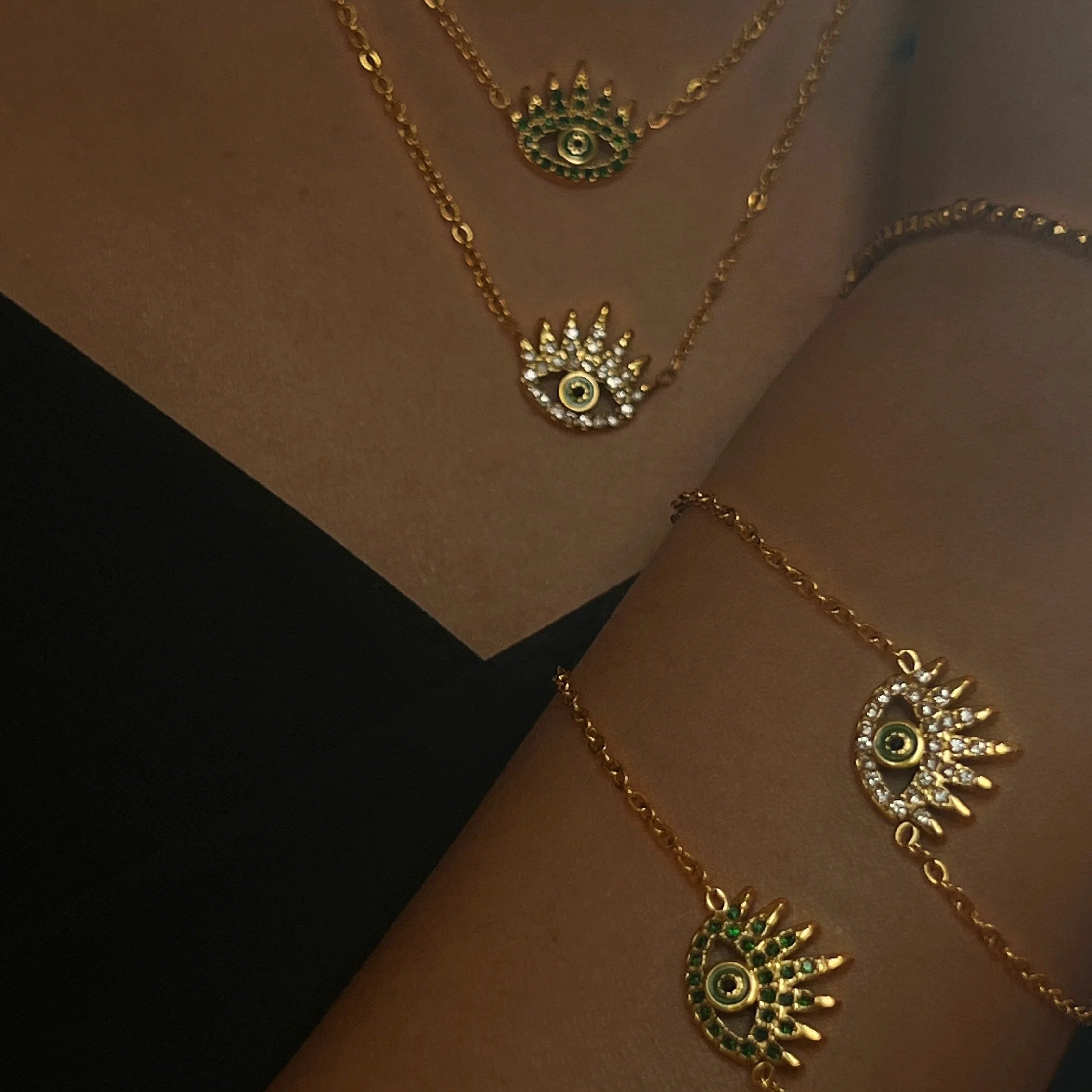 2022 Dazan New 18k Gold Plated Tarnish Free Stainless Steel Devil Eye 5A Zircon Pendant Necklace Gypsy Jewelry Set Amulet