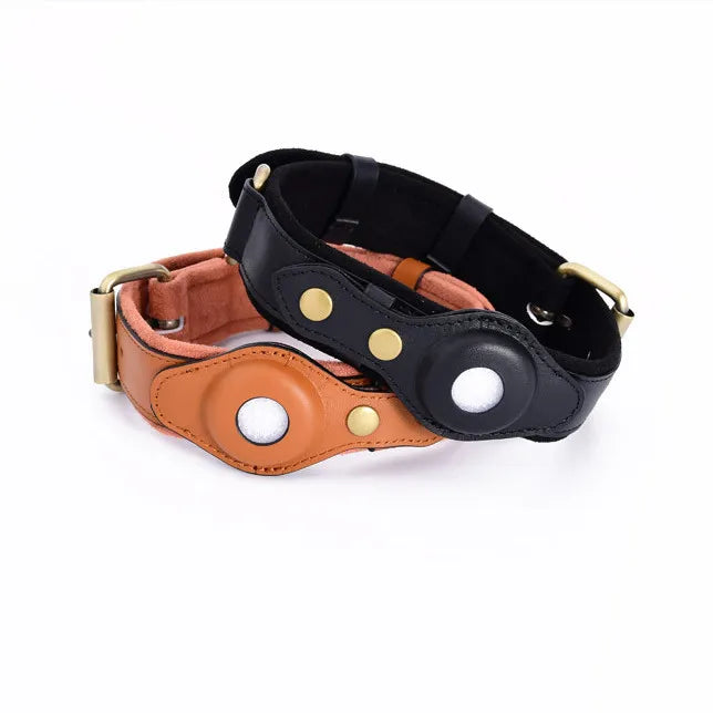 2024 New Pet Dog Soft Leather for Airtag Protective Sleeve Small and Medium Dog Real Leather Collar RIBBONS Brown Quick Release